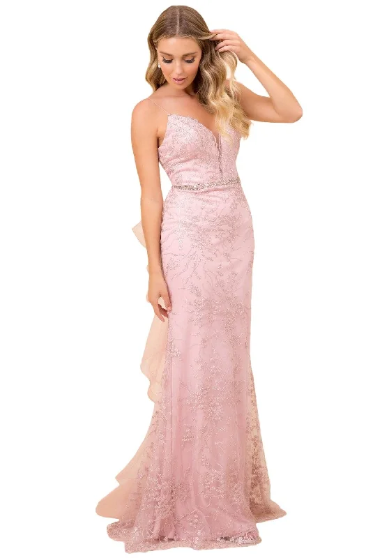 Plus size dresses featuring fuzzy accents are warm -Nox Anabel - T314 Plunging V-Neck Embroidered Mermaid Gown