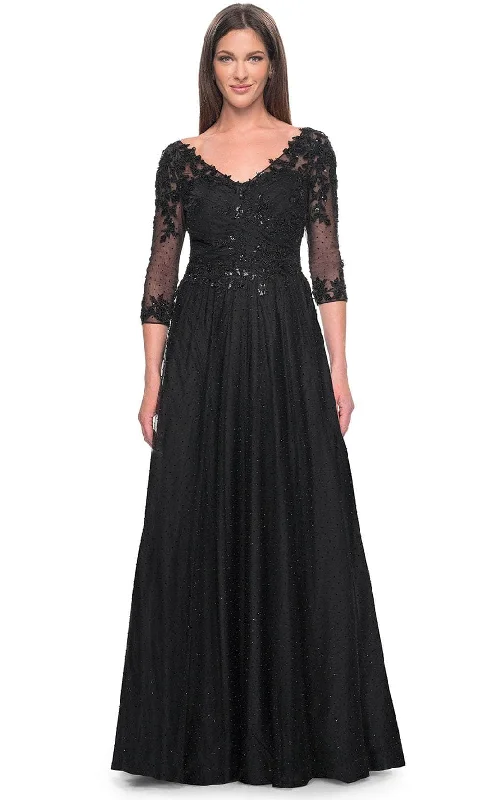 Plus size dresses featuring maxi lengths flow gracefully -La Femme 31776 - Embroidered V-Neck Evening Dress