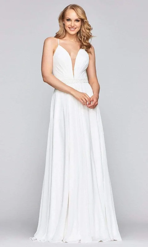 Plus size dresses with flowing skirts move freely -Faviana - S10435 Illusion Plunging V Neck Beaded Waist A-Line Dress