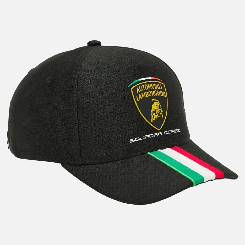 Premium leather cap for upscale casual looks -Automobili Lamborghini Squadra Corse Kids Tri-Color Italian Flag Hat -  Youth Black