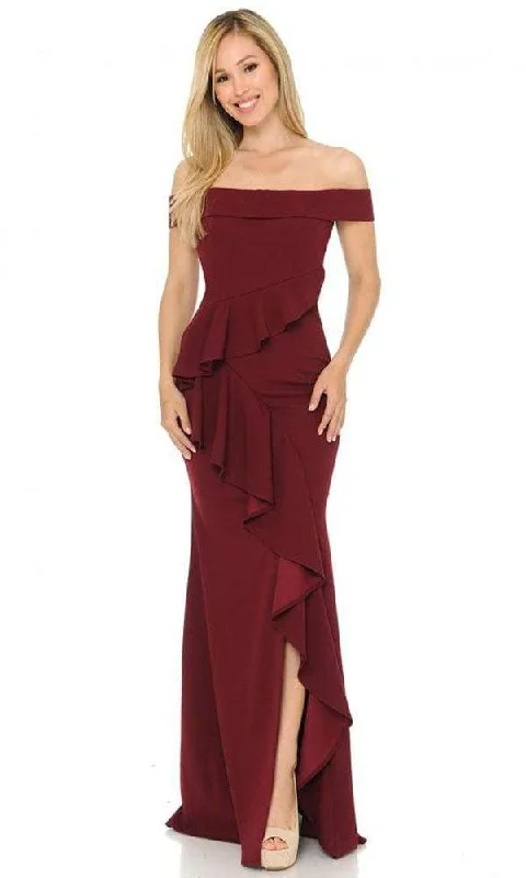 Plus size dresses for office wear stay sharp -Lenovia - Ruffle Draped High Slit Gown 5207