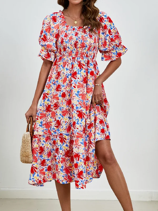 Plus size dresses featuring braided trims are artsy -Smocked Floral Square Neck Short Sleeve Dress