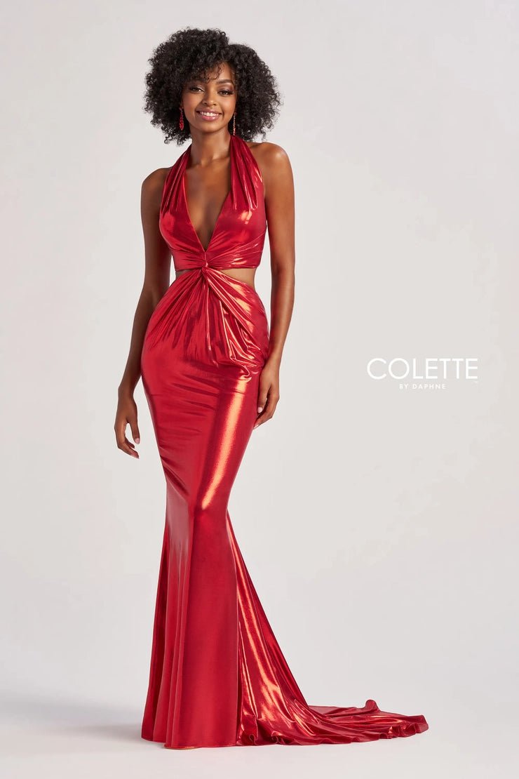 Plus size dresses with sleek lines look modern -Colette By Daphne CL8505 - Metallic Halter Prom Gown