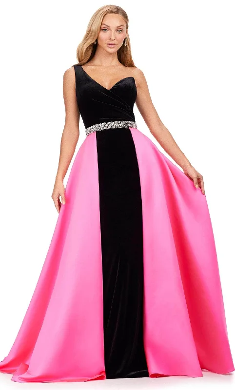 Plus size dresses with breathable fabrics stay cool -Ashley Lauren 11265 - One Shoulder Velvet-Satin Gown