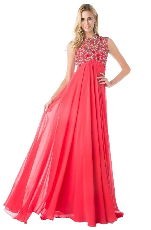 Plus size dresses with wide belts define waists -Cinderella Divine - J741 Beaded High Neck Chiffon A-line Dress