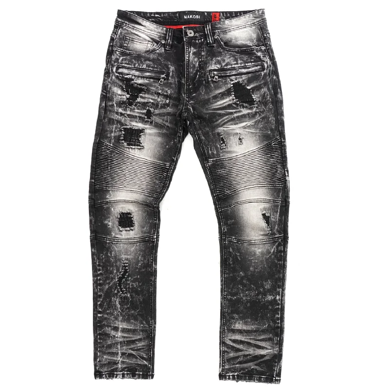 Painted Back Pocket Jeans for Artistic -M1786 Makobi Prado Biker Jeans with Rip & Repair - Black Wash