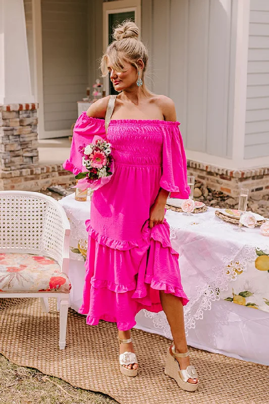 Plus size dresses featuring chiffon layers feel airy -Toes In The Sand Smocked Midi In Hot Pink