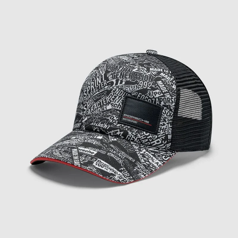 Premium snapback cap with flat bill design -Porsche Motorsport AOP Trucker Hat - Black