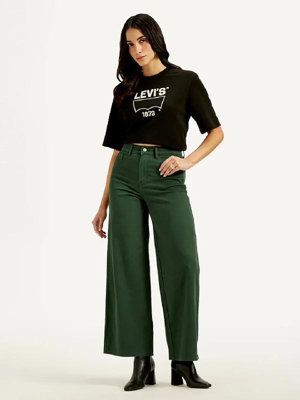 Zipper Fly Jeans for Convenience -Women's High Rise Vintage Chino Wide Leg Dark-Green Jeans