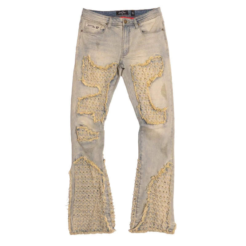 Travel Jeans for On-the-go -F1723 Tattered Denim Stacked  Jeans - Dirt