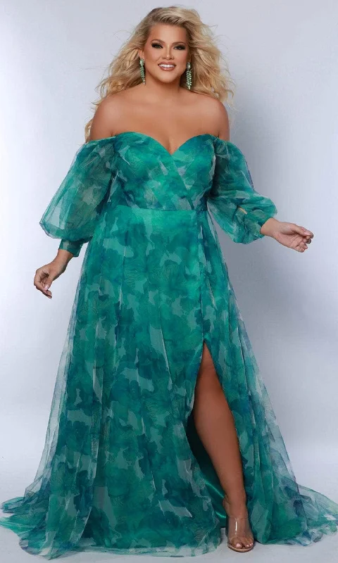 Plus size dresses with unique necklines add flair -Sydney's Closet SC7386 - Sweetheart Floral Printed Prom Gown