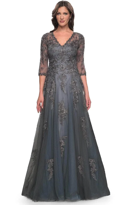 Plus size dresses featuring lace sleeves feel luxe -La Femme 30201 - V-Neck Embroidered Long Dress