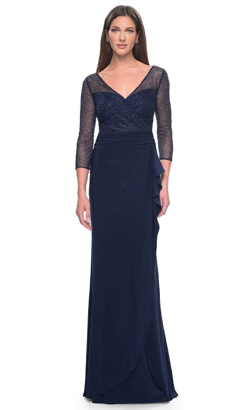 Plus size dresses with V-necks elongate figures -La Femme 31777 - Illusion V-Neck Rhinestone Formal Dress