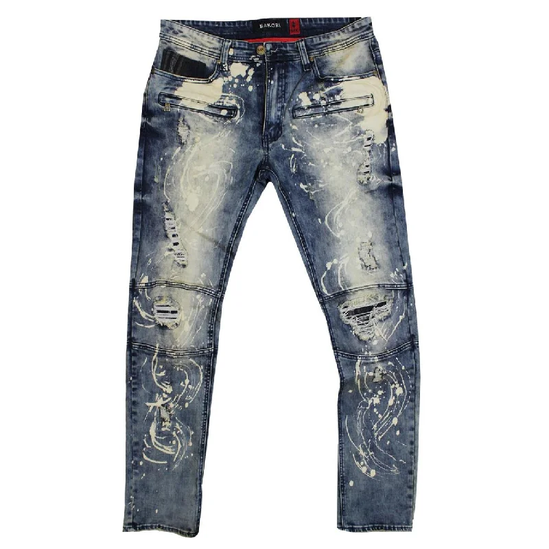 Leather Trim Jeans for Luxury -M1768 Ripped Jeans with Plaid Underlays -  Dirt Wash/Navy