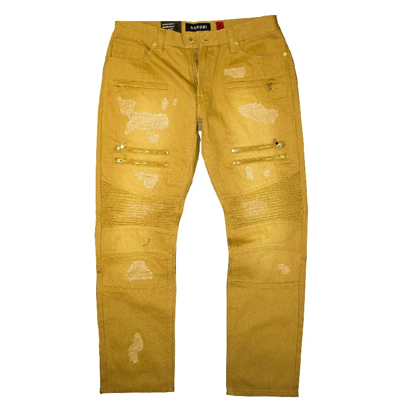 A-line Skirt Jeans for Grace -M1741 Makobi Sanded Biker Jeans with Rip & Repair Stitches - Wheat