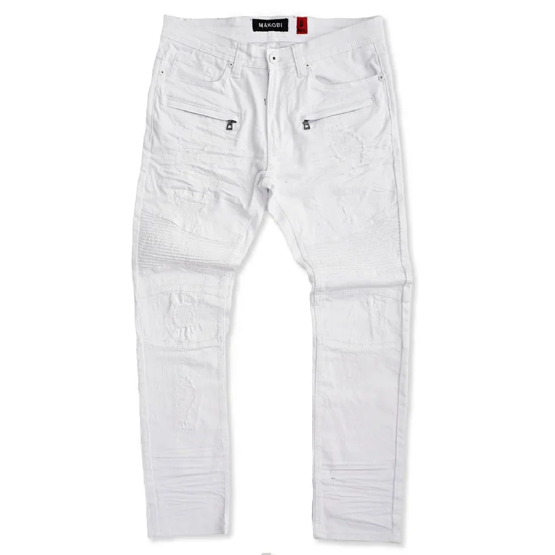 Decorated Back Pocket Jeans for Style -M1786 Makobi Prado Biker Jeans with Rip & Repair - White