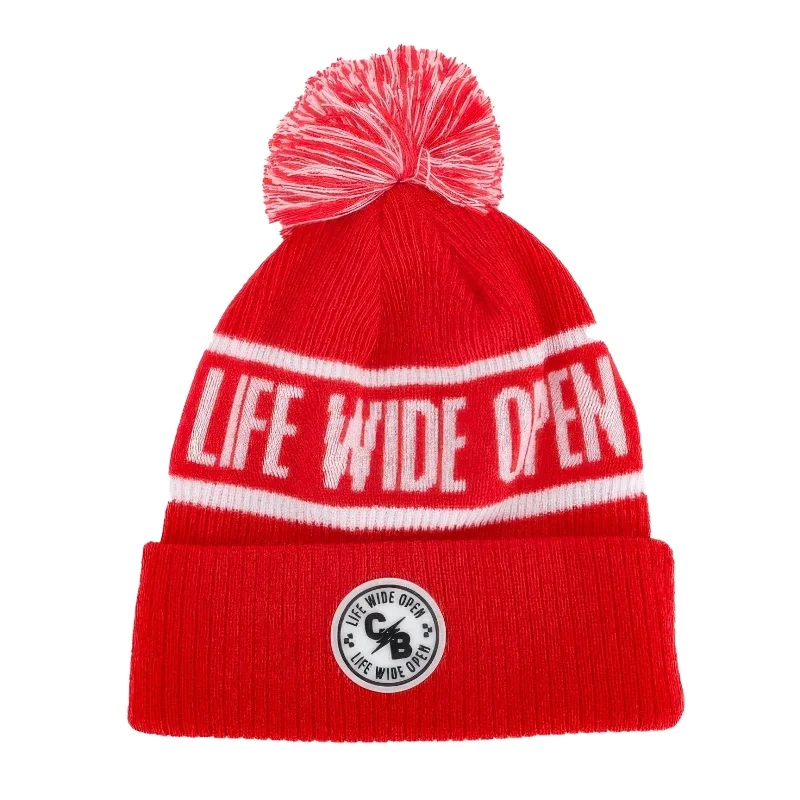 Wool sports cap for chilly game nights -Red LWO Pom Beanie