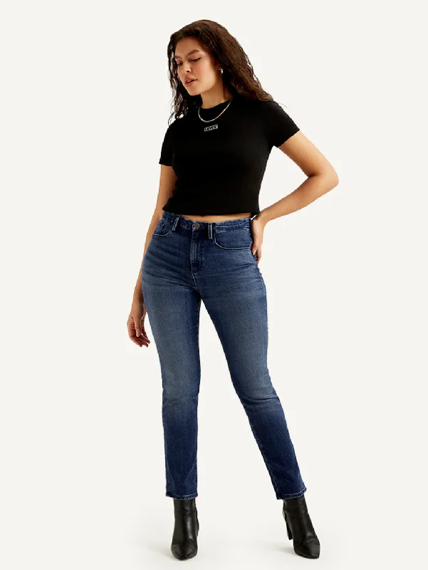 Designer Jeans for Luxury -Women's Mid Rise Straight Fit Dark Blue Jeans