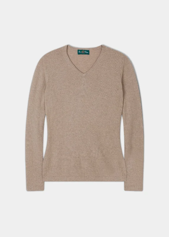 Classic cap with subtle tonal embroidery -Rachel Ladies Cashmere Vee Neck Jumper In Linen