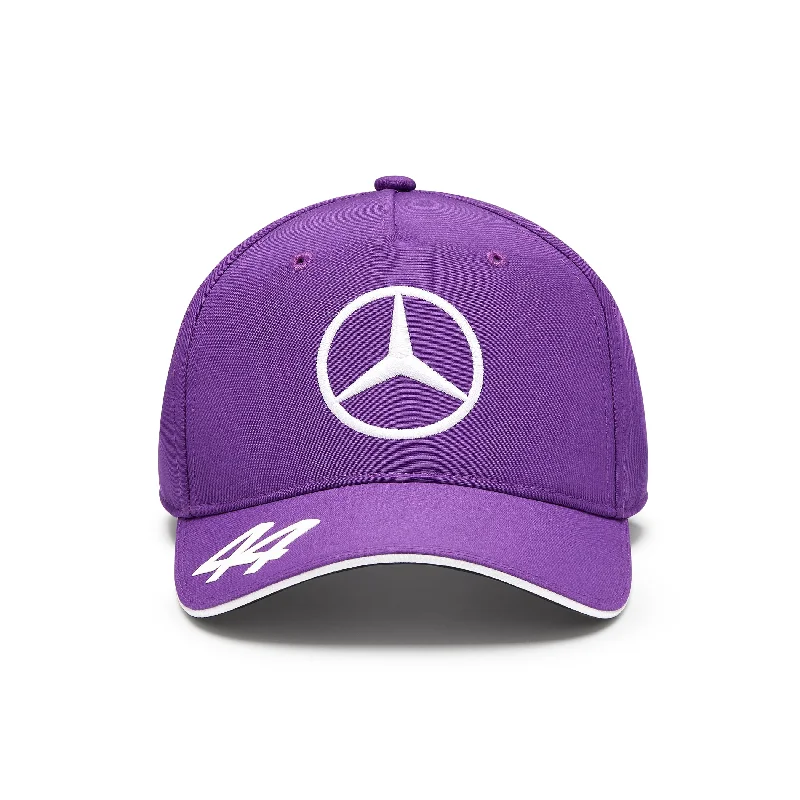 Fitted baseball cap for team uniform fit -Mercedes AMG Petronas F1 2024 Kids Lewis Hamilton Driver Hat - Youth Black/Purple/White