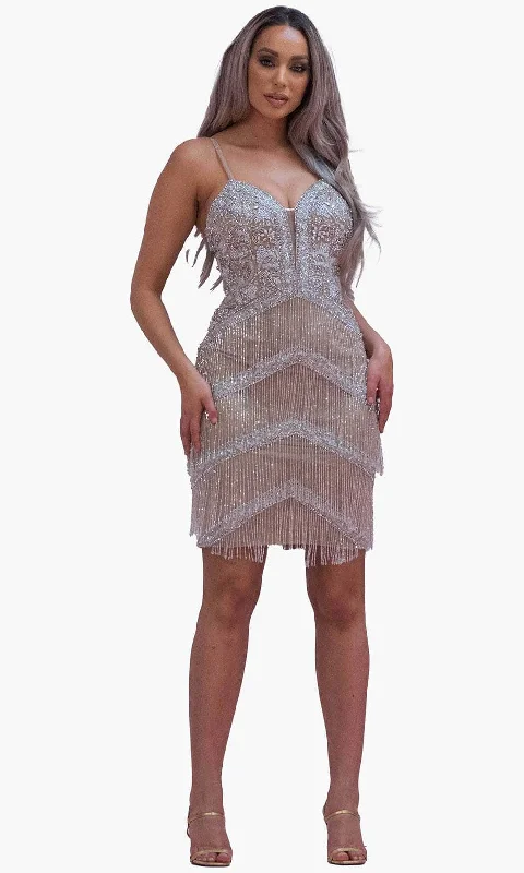 Plus size dresses with high necklines look refined -Chic and Holland SD1831 - Beaded Fringed Cocktail Dress