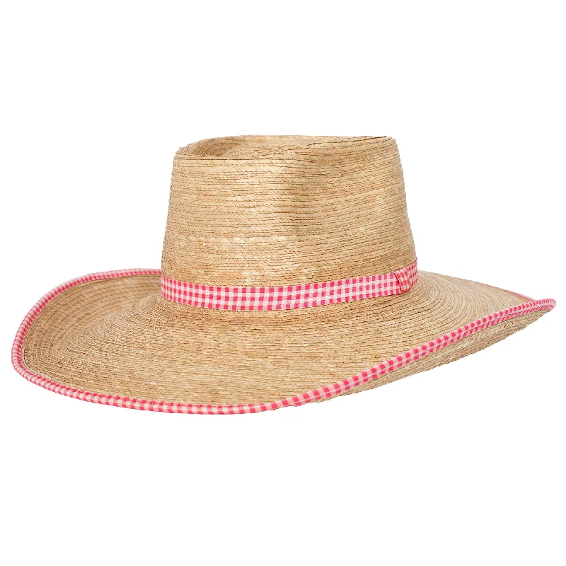 Wool trucker cap for warm stylish wear -Ava Palm Leaf Hat - Oak/Pink Gingham Check