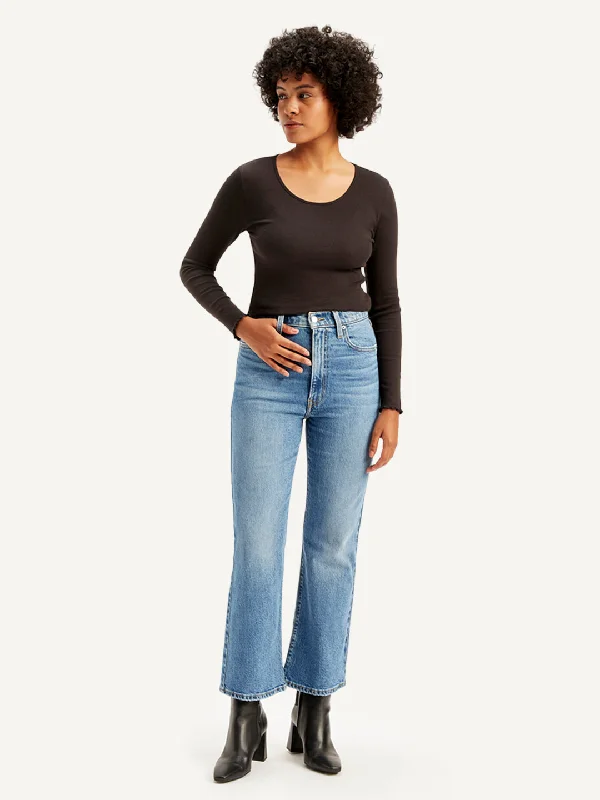 Cropped Jeans for Summer Look -Women's High Rise Ribcage Crop Bootcut Blue Jeans