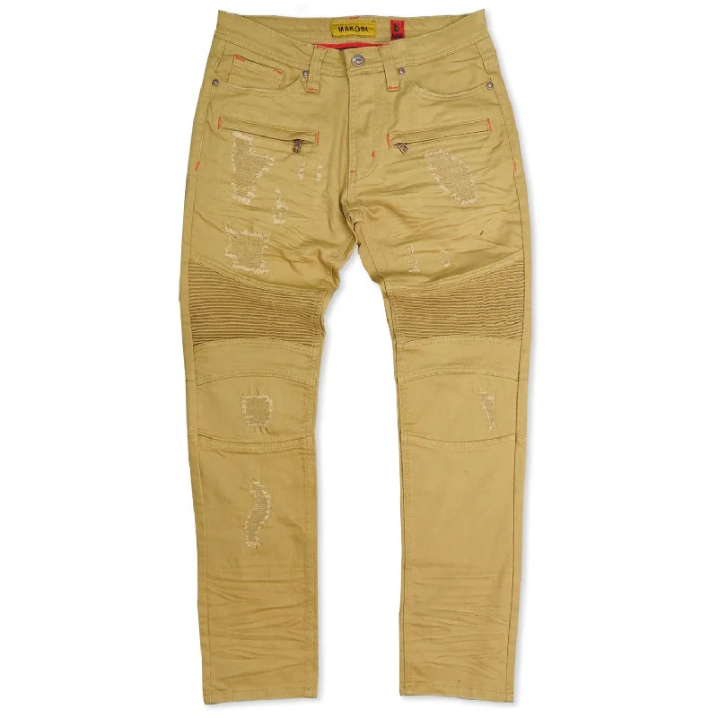 Relaxed Jeans for Comfortable -M1786 Makobi Prado Biker Jeans with Rip & Repair - Khaki