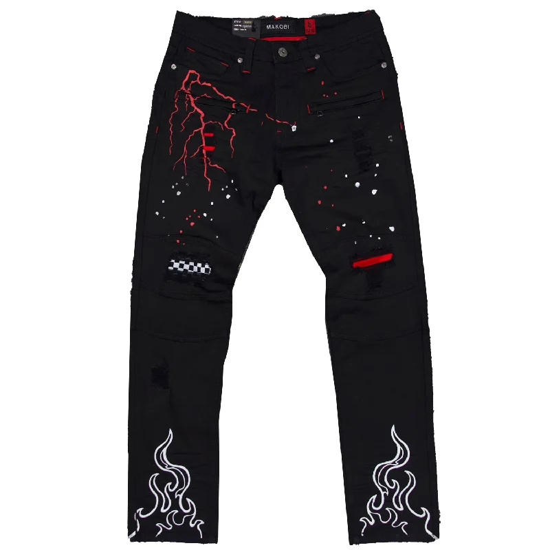 Party Jeans for Night Out -M1952 Makobi Fire Shredded Jeans - Black/Black