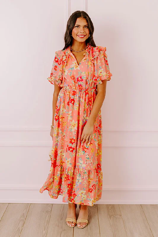 Plus size dresses featuring glitter accents sparkle bold -Floral Flair Midi In Coral