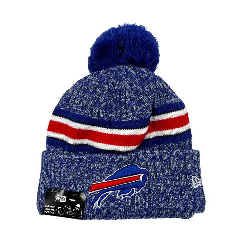 Designer trucker cap with signature brand patch -Youth New Era Bills Royal Team Stripe 2023 Sideline Pom Knit Hat