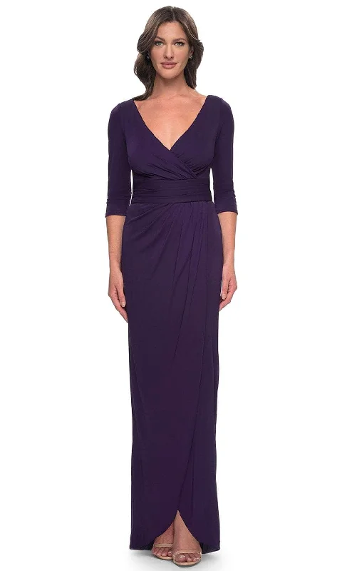 Plus size dresses featuring wrap styles are versatile -La Femme 31014 - Tulip Hem Jersey Evening Dress