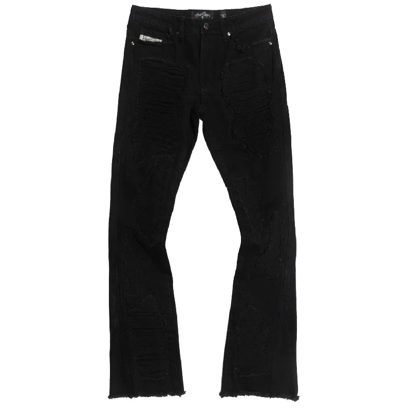 Fringed Jeans for Western -F1772 Basel Distressed Stacked Jeans - Black