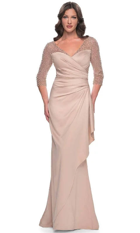 Plus size dresses featuring chevron prints are sharp -La Femme 31011 - Illusion Satin Evening Gown