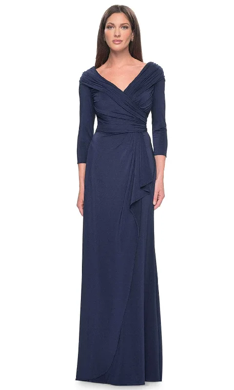 Plus size dresses with shiny threads reflect light -La Femme 30845 - Ruched Long Sleeve Evening Dress