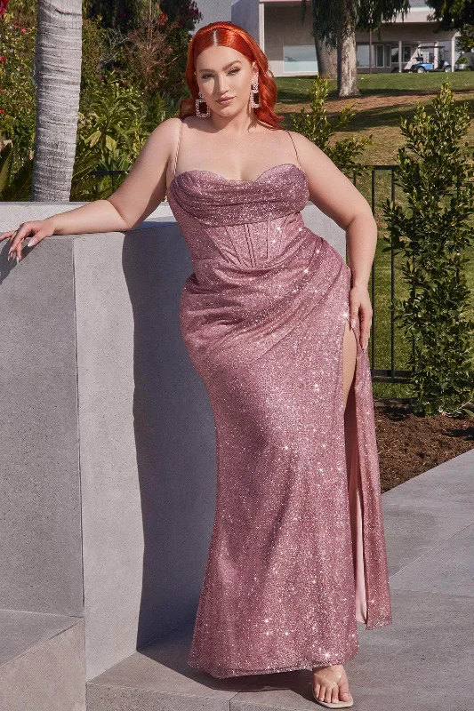 Plus size dresses with durable weaves endure wear -Ladivine CD254C - Cowl Glitter Plus Prom Dress