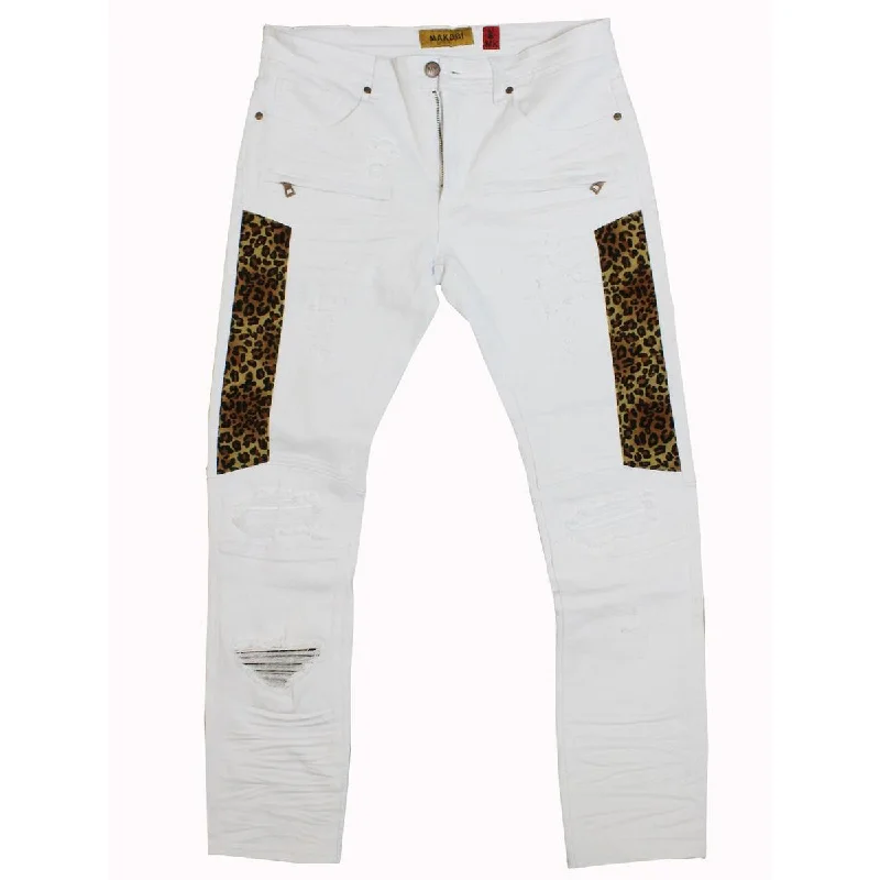 Metal Button Jeans for Classic -M1782 Ripped & Repair Jeans With Leopard Print Patch - White