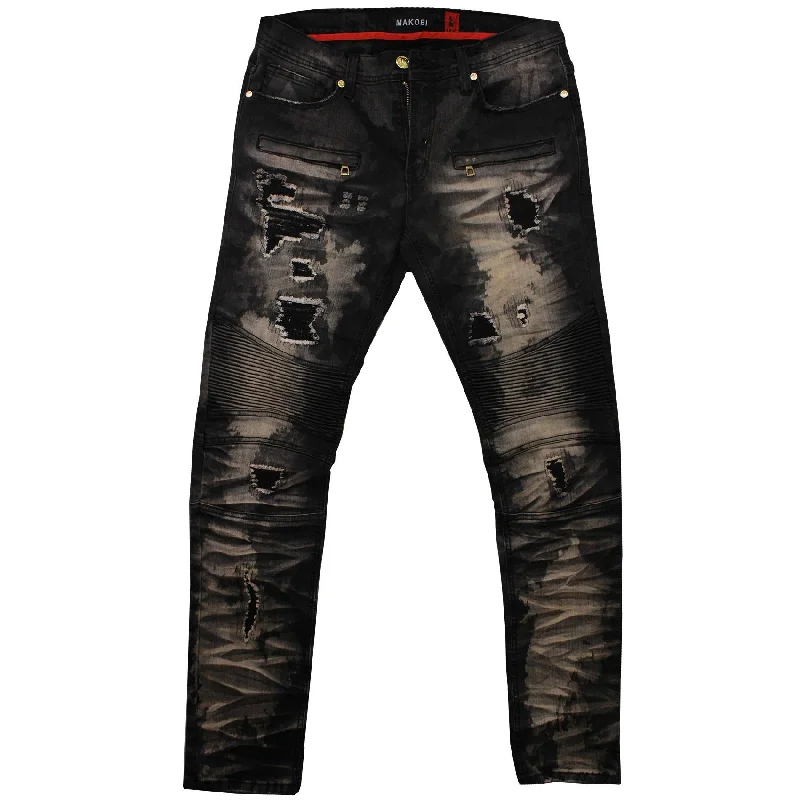 Maxi Skirt Jeans for Elegant -M1798 Makobi Biker Jeans with Blasting & Repair Stitching - Black Wash