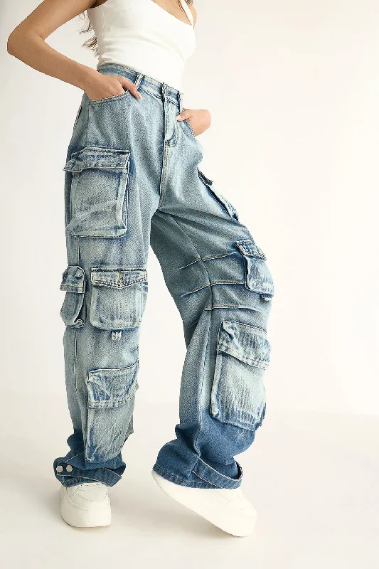 Faded Jeans for Laid-back -Heavy Wash Dunked Denim Cargo Jeans