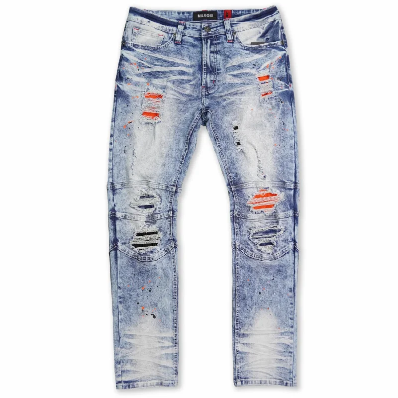 Fishing Jeans for Water -M1749 Makobi Sanded Biker Jeans with Rip & Repair - Light Wash