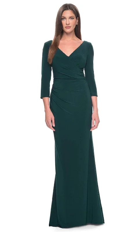 Plus size dresses with long sleeves cover comfortably -La Femme 31020 - Wrap Style Evening Dress