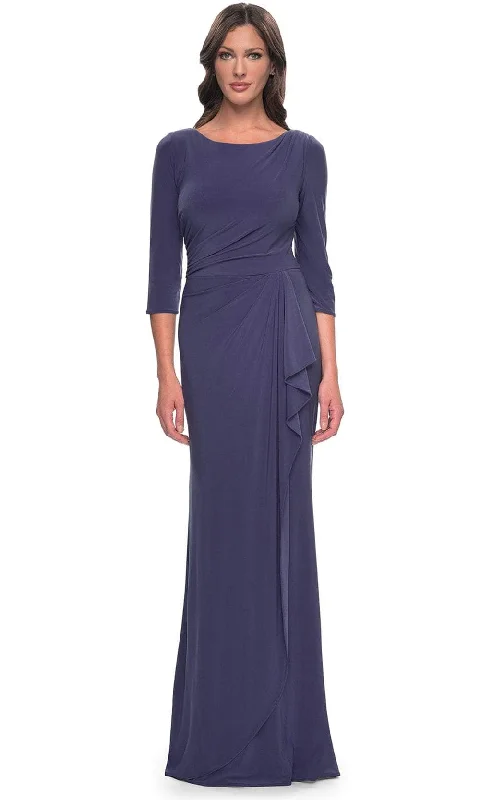 Plus size dresses with tie waists adjust perfectly -La Femme 30814 - Bateau Neck Jersey Evening Dress