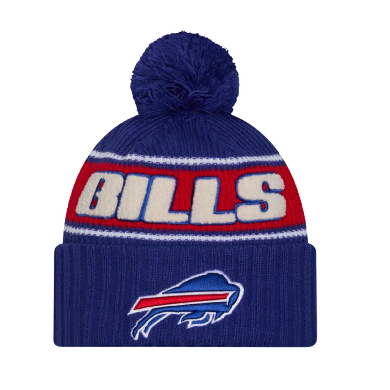 Adjustable cap with sturdy velcro closure -Youth New Era Bills 2024 Sideline Royal Sport Knit Pom