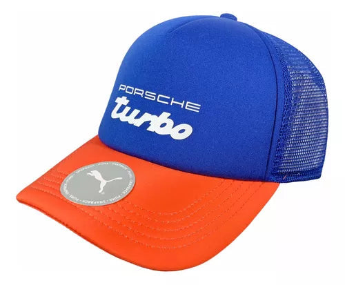 Fitted cap for snug personalized fit -Porsche "Turbo" Puma Trucker Hat - Blue