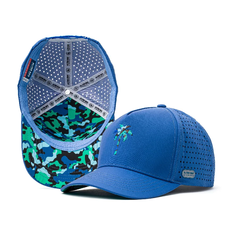 Fitted snapback cap for modern tight fit -Coaster Splash Blue Camo Palm