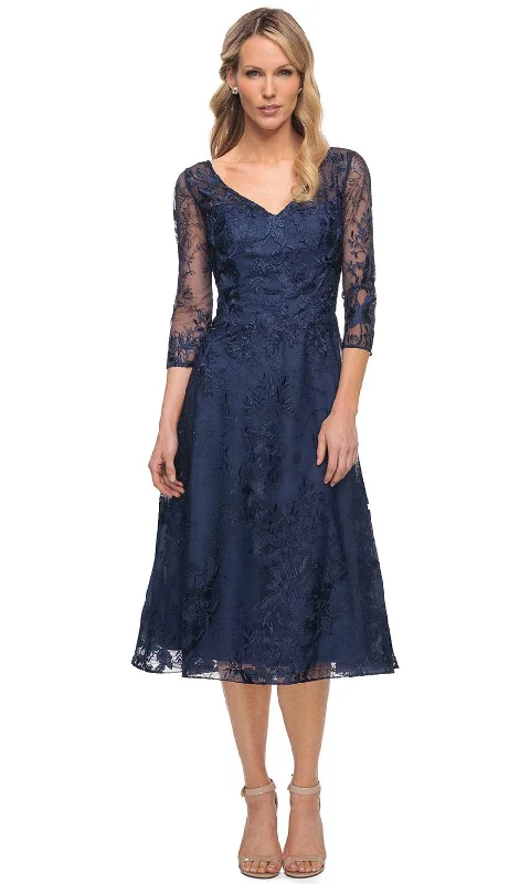 Plus size dresses for formal events look elegant -La Femme 30016 - Embroidered Lace V Neck Short Dress