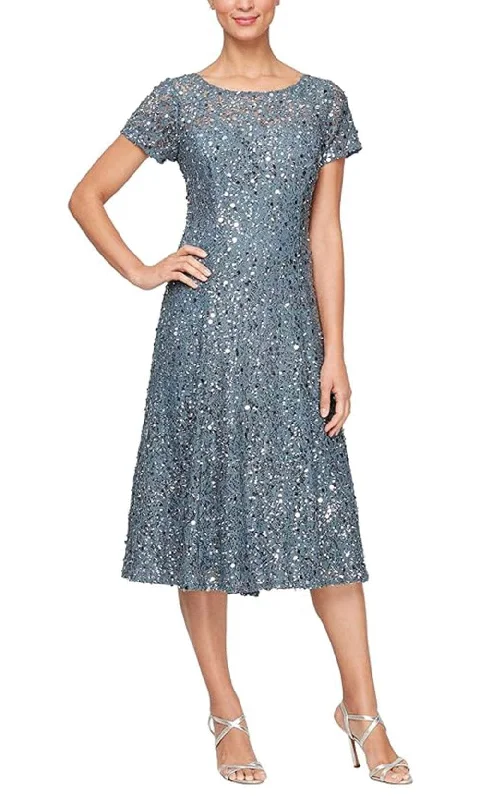 Plus size dresses with soft cotton feel comfy -SLNY 9119443 - Sequin Lace Tea Length Dress