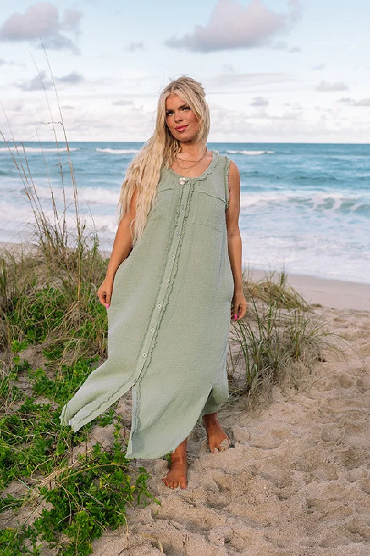 Plus size dresses featuring tiered skirts feel fun -Free Spirited Frayed Midi in Sage Curves