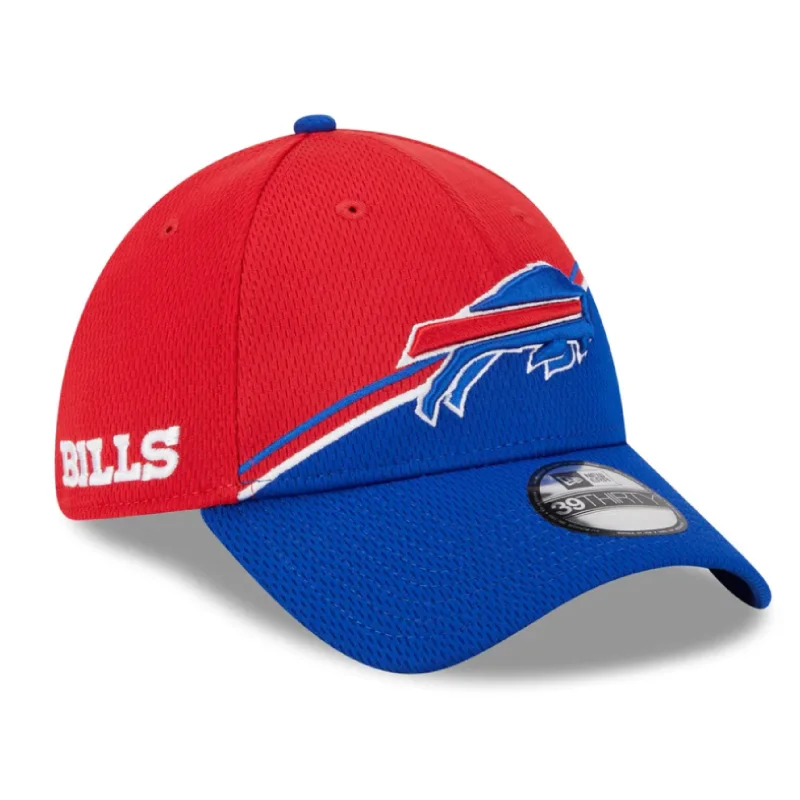 Denim cap with faded wash texture -Kids New Era Bills Red/Royal 2023 Sideline 39THIRTY Hat