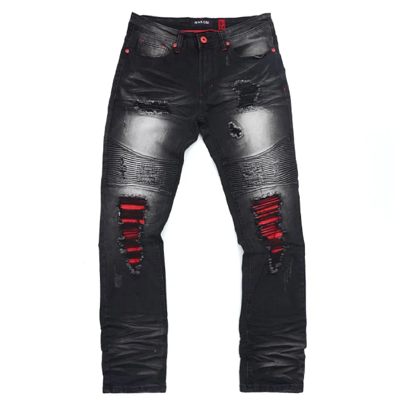 Hiking Jeans for Trail -M1940 Naxos Biker Jeans- Black Wash/Red